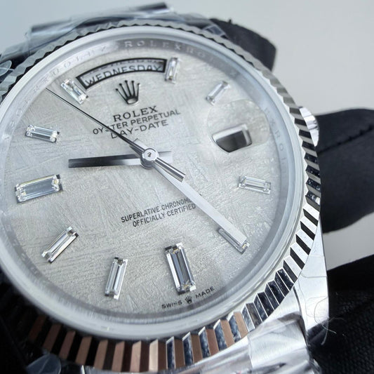 QF Superclone Day-Date (228238), 40mm Silver Meteorite Dial-Presidential Bracelet (Fluted Bezel)