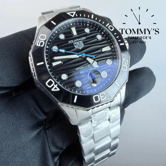 AAA+ Aquaracer Professional 300 Date Watch 42mm Black Dial Wavy Pattern-Stainless Steel Bracelet (Black Bezel) Watches