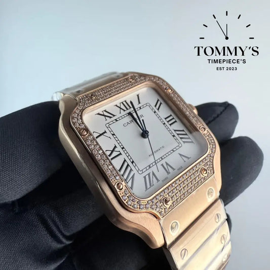 AAA+ Santos (Large Model) 39.8mm White Dial- Rose Gold (Diamond-Set Bezel)