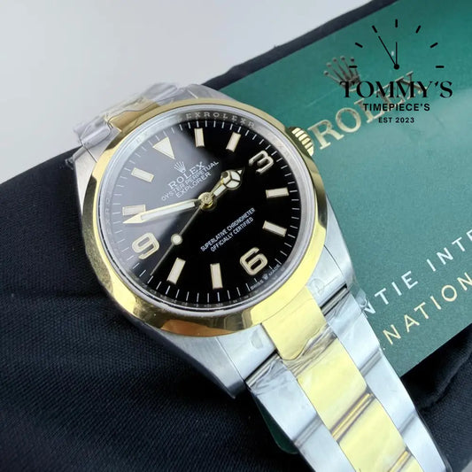 Superclone Explorer (124273) 36mm Black Dial-Oyster Bracelet (Gold Smooth Bezel Two-tone) Watches