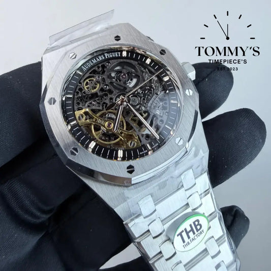 THB Superclone Royal Oak Double Balance Wheel Openworked 41mm Skeletonized Dial-Stainless Steel Bracelet (Silver Bezel)