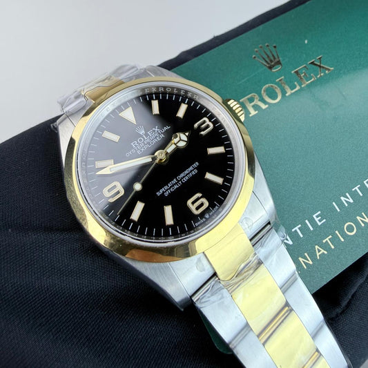 Superclone Explorer (124273), 36mm Black Dial-Oyster Bracelet (Gold Smooth Bezel Two-tone)