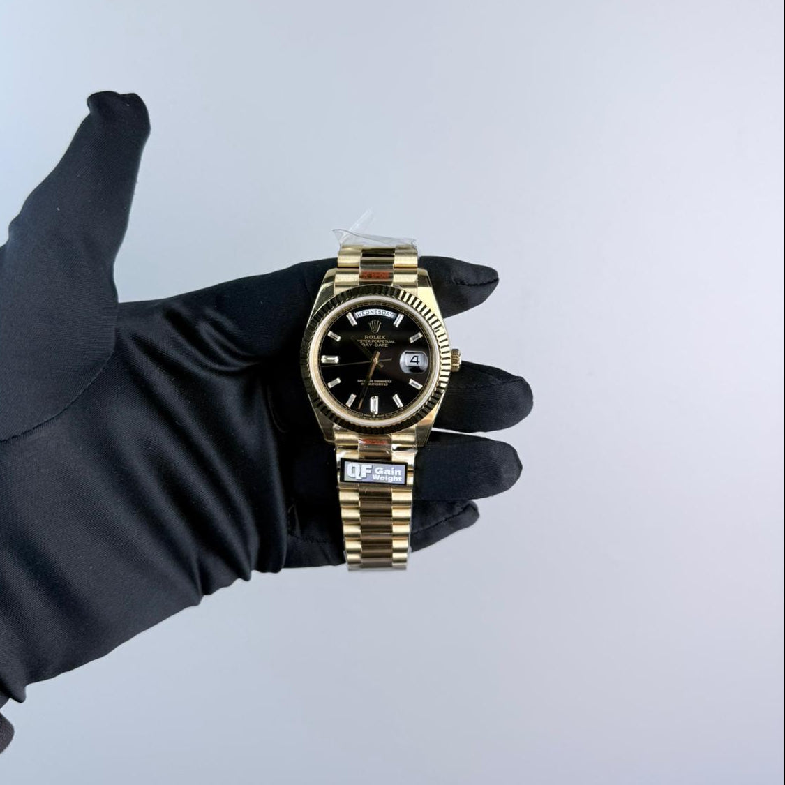 QF Superclone Day-Date (228238), 40mm Black Baguette Diamond Dial-Presidential Bracelet (Fluted Bezel)