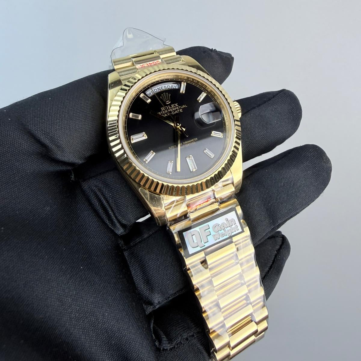 QF Superclone Day-Date (228238), 40mm Black Baguette Diamond Dial-Presidential Bracelet (Fluted Bezel)