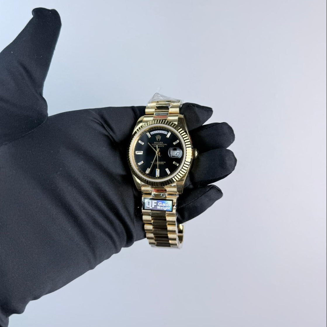 QF Superclone Day-Date (228238), 40mm Black Baguette Diamond Dial-Presidential Bracelet (Fluted Bezel)