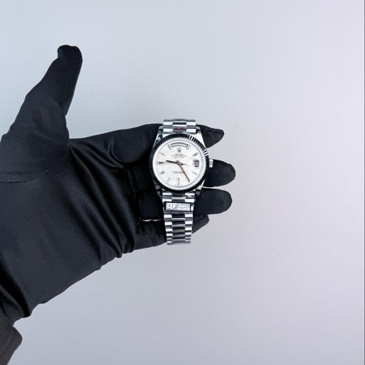 QF Superclone Day-Date (228238), 40mm Silver Meteorite Dial-Presidential Bracelet (Fluted Bezel)