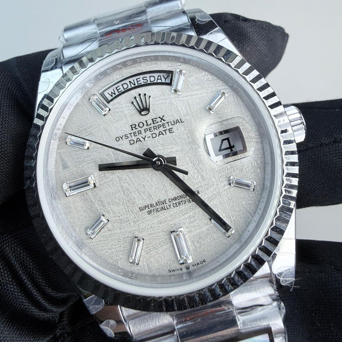 QF Superclone Day-Date (228238), 40mm Silver Meteorite Dial-Presidential Bracelet (Fluted Bezel)