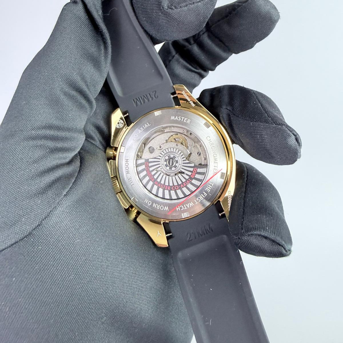AAA+ Speedmaster Moonwatch Professional Co-Axial Master Chronometer, 42mm Yellow Gold Dial-Rubber Strap (Black Bezel)