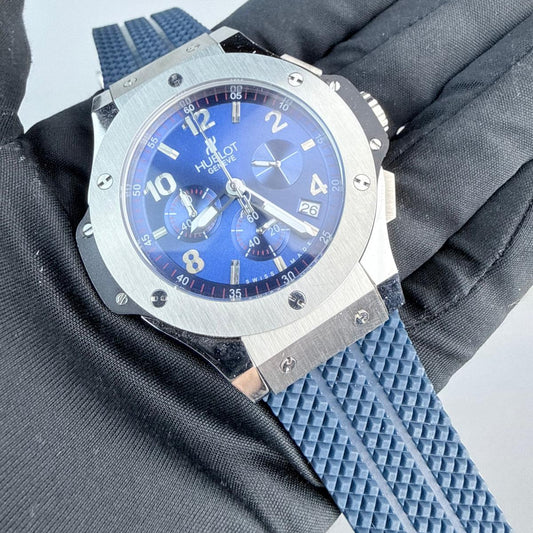 AAA+ Big Bang Original Steel Blue, 44mm Blue Dial-Blue Rubber Strap (Silver-Tone Metallic Bezel)