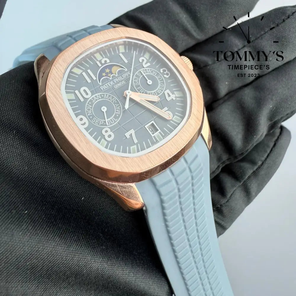 AAA+ Aquanaut Luce Annual Calendar 40mm Blue Gray Dial-Rubber Strap (Rose Gold Bezel)