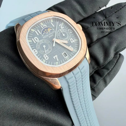 AAA+ Aquanaut Luce Annual Calendar 40mm Blue Gray Dial-Rubber Strap (Rose Gold Bezel)