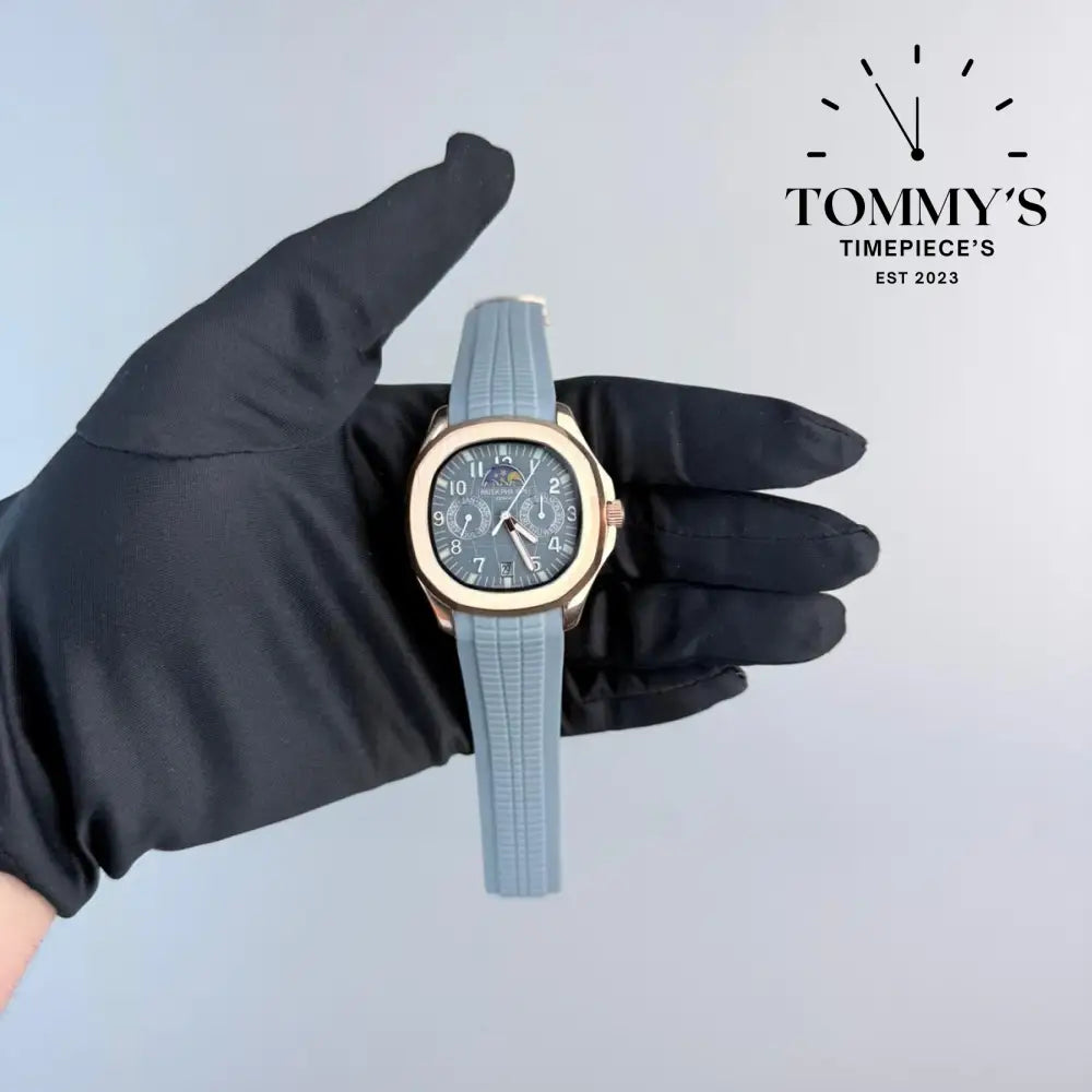 AAA+ Aquanaut Luce Annual Calendar 40mm Blue Gray Dial-Rubber Strap (Rose Gold Bezel)