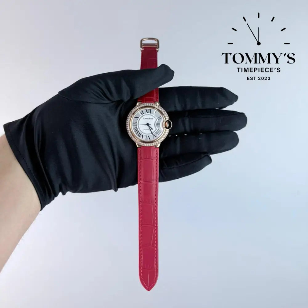 AAA+ Ballon Bleu 33mm White Dial-Burgundy Leather Strap(Diamond-Set Bezel)