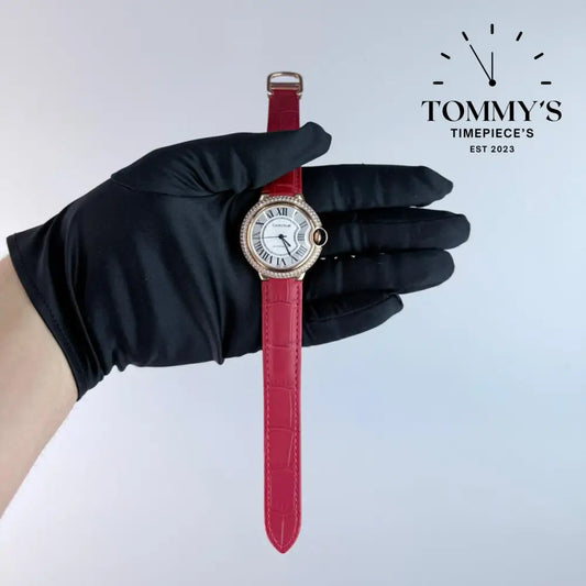 AAA+ Ballon Bleu 33mm White Dial-Burgundy Leather Strap(Diamond-Set Bezel)