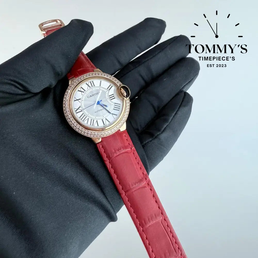 AAA+ Ballon Bleu 33mm White Dial-Burgundy Leather Strap(Diamond-Set Bezel)