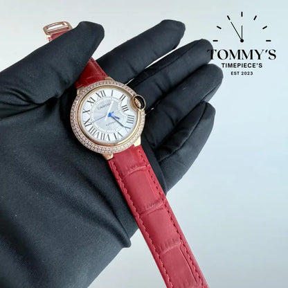 AAA+ Ballon Bleu 33mm White Dial-Burgundy Leather Strap(Diamond-Set Bezel)
