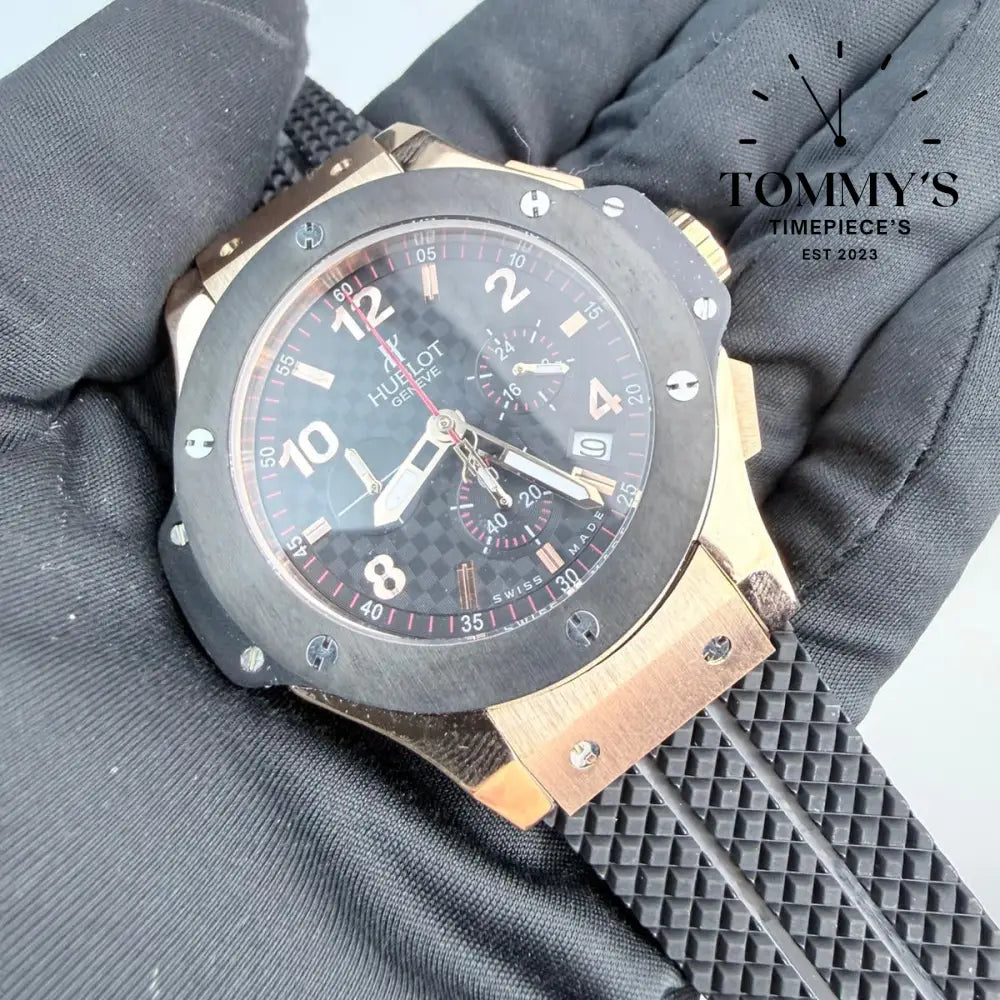 AAA+ Big Bang Rose Gold Ceramic Chronograph 44mm Black Carbon Fiber Dial-Rubber Strap (Black Bezel) Watches