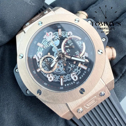 AAA+ Big Bang Unico King Gold 45mm Skeletonized Dial-Rubber Strap (Red Gold Bezel) Watches