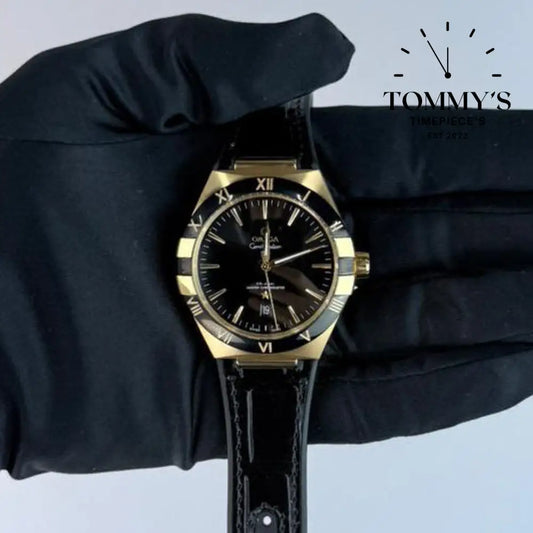 AAA+ Constellation Co-Axial Master Chronometer 41mm Black Dial- Leather Strap (Gold Case & Black Bezel) Watches
