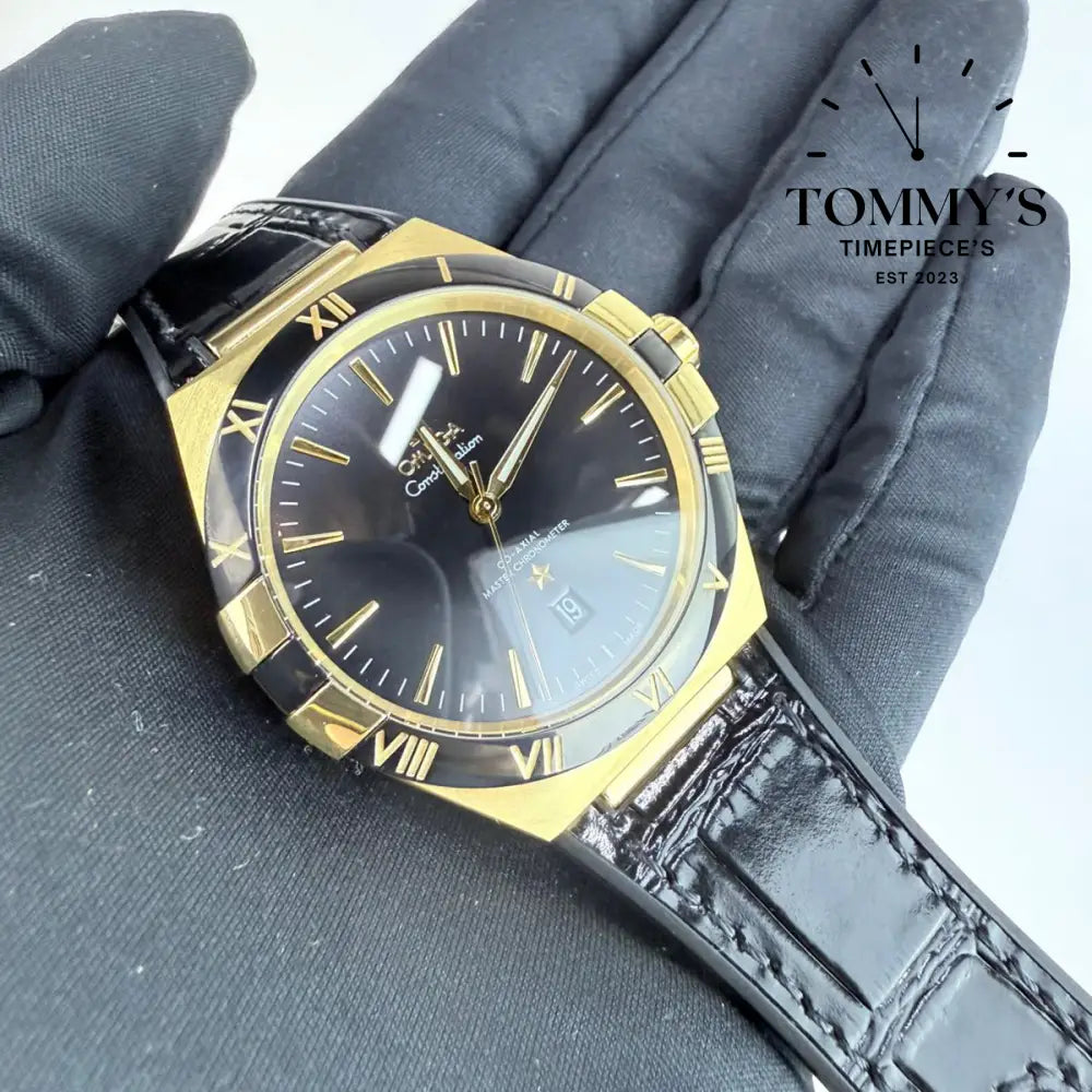 AAA+ Constellation Co-Axial Master Chronometer 41mm Black Dial- Leather Strap (Gold Case & Black Bezel) Watches