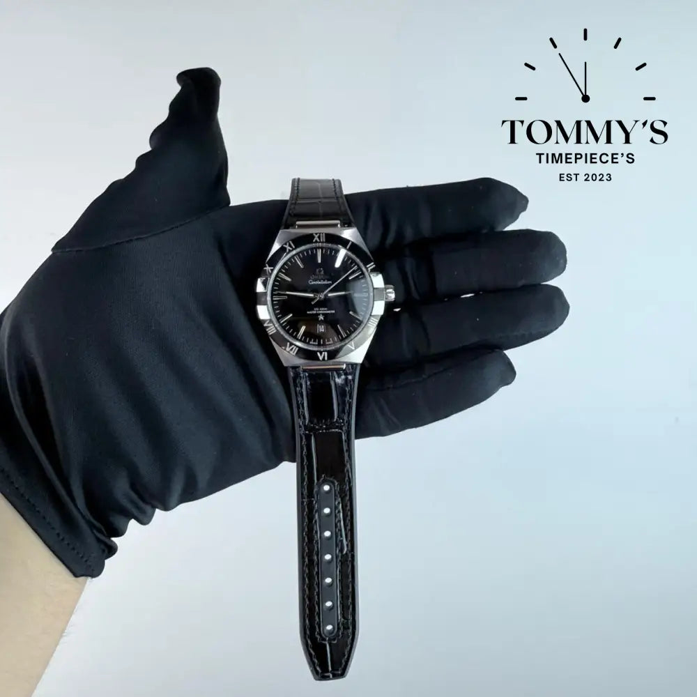 AAA+ Constellation Co-Axial Master Chronometer 41mm Black Sun-Brushed Dial-Leather Strap (Black Ceramic Bezel)