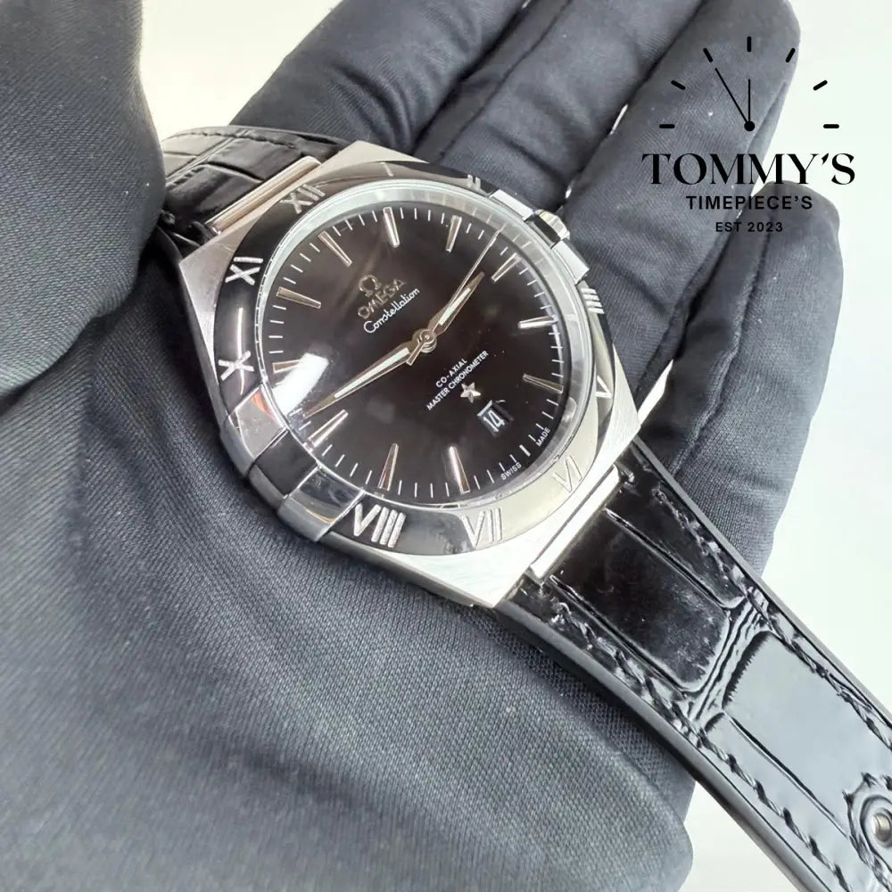 AAA+ Constellation Co-Axial Master Chronometer 41mm Black Sun-Brushed Dial-Leather Strap (Black Ceramic Bezel)