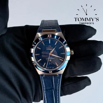 AAA+ Constellation Co-Axial Master Chronometer 41mm Blue Dial- Leather Strap (Rose Gold Case & Blue Bezel)
