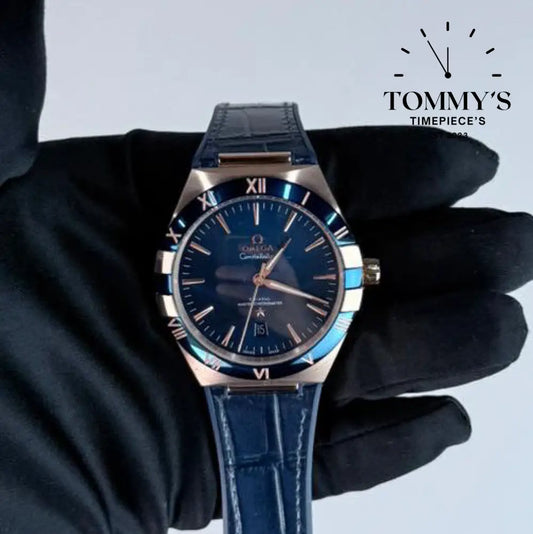 AAA+ Constellation Co-Axial Master Chronometer 41mm Blue Dial- Leather Strap (Rose Gold Case & Blue Bezel)