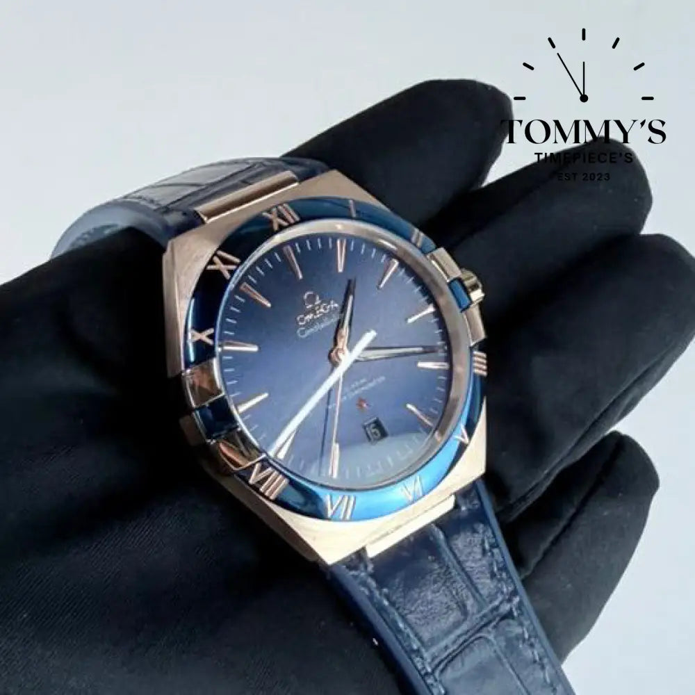 AAA+ Constellation Co-Axial Master Chronometer 41mm Blue Dial- Leather Strap (Rose Gold Case & Blue Bezel)