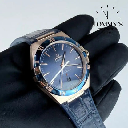 AAA+ Constellation Co-Axial Master Chronometer 41mm Blue Dial- Leather Strap (Rose Gold Case & Blue Bezel)