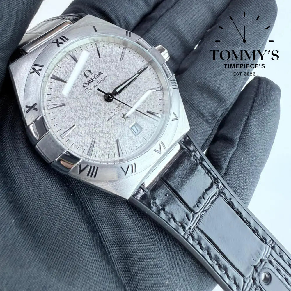 AAA+ Constellation Co-Axial Master Chronometer 41mm Silk-Embossed Rhodium-Grey Dial-Leather Strap (Silver Bezel)