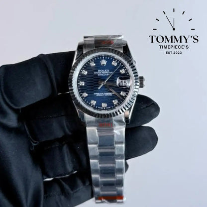 AAA+ Datejust (126234) 36mm Blue Motif Dial And Diamond Hour Markers-Oyster Bracelet (Fluted Bezel)