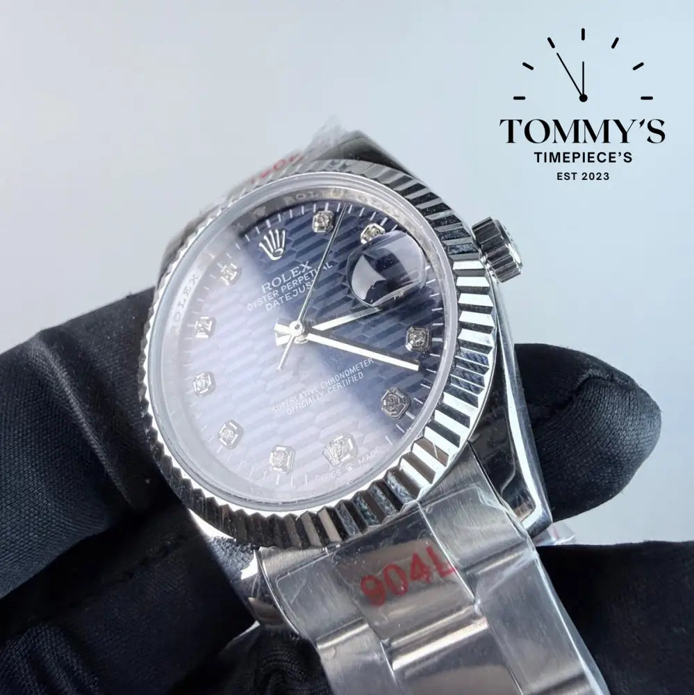 AAA+ Datejust (126234) 36mm Blue Motif Dial And Diamond Hour Markers-Oyster Bracelet (Fluted Bezel)