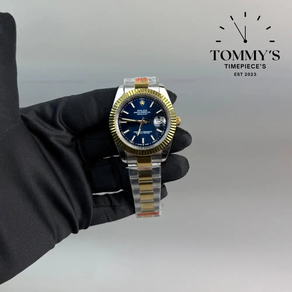 AAA + Datejust 41mm Blue Motif Dial (Bimetal Gold) On Oyster With Fluted Bezel