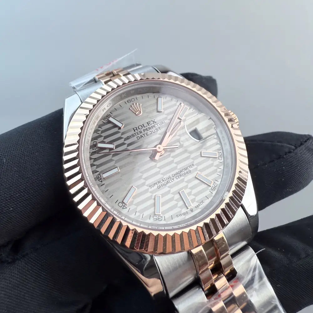 AAA + Datejust 41mm Silver Motif Dial (Bimetal Rose Gold) Jubilee With Fluted Bezel