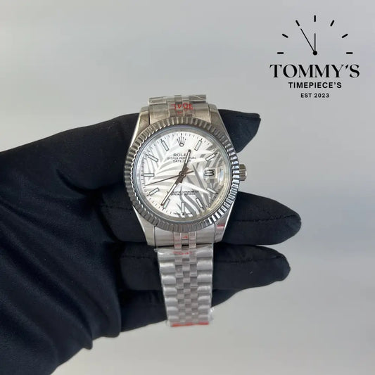 AAA + Datejust 41mm Silver Palm Dial Jubilee With Fluted Bezel