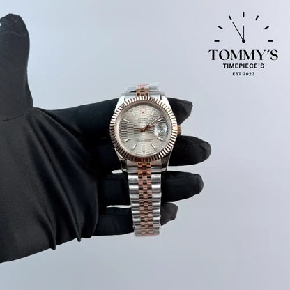 AAA + Datejust 41mm Silver Motif Dial (Bimetal Rose Gold) Jubilee With Fluted Bezel