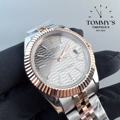 AAA + Datejust 41mm Silver Motif Dial (Bimetal Rose Gold) Jubilee With Fluted Bezel