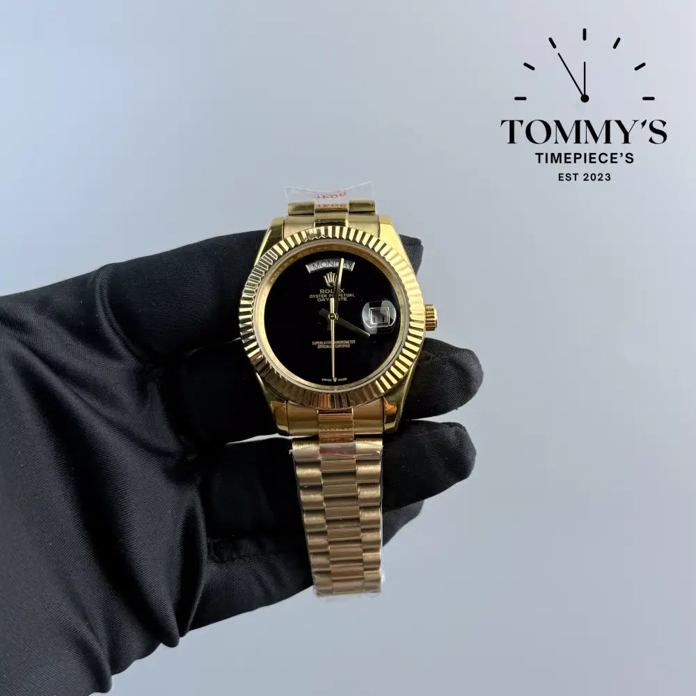 AAA + Day Date On Black Dial With Fluted Bezel