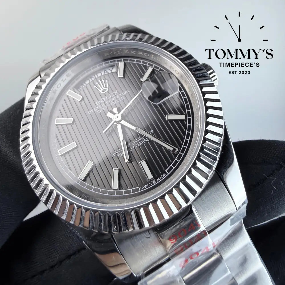 AAA+ Day Date (228239-0002) 40mm Dark Rhodium Stripe Motif Dial-Presidential Bracelet (Fluted Bezel)