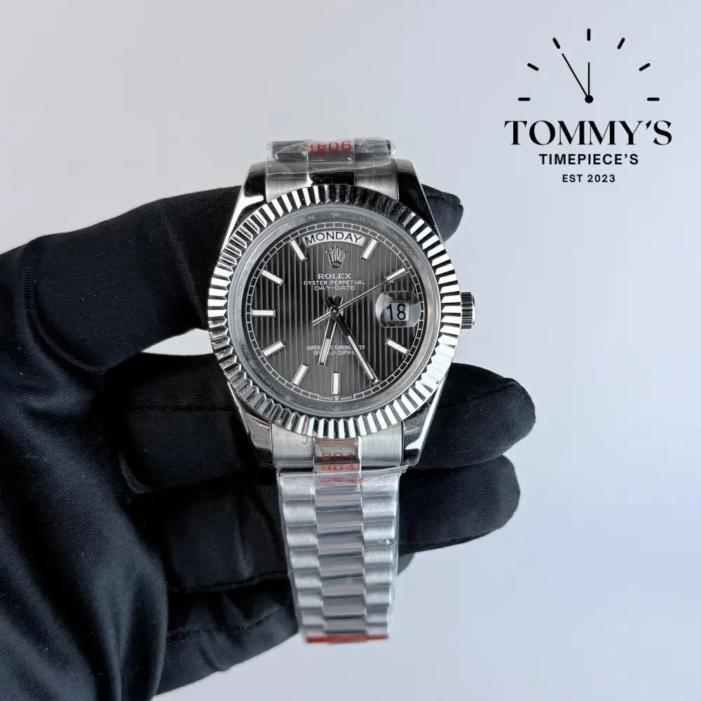 AAA+ Day Date (228239-0002) 40mm Dark Rhodium Stripe Motif Dial-Presidential Bracelet (Fluted Bezel)