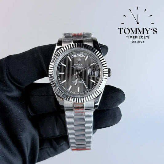 AAA+ Day Date (228239-0002) 40mm Dark Rhodium Stripe Motif Dial-Presidential Bracelet (Fluted Bezel)