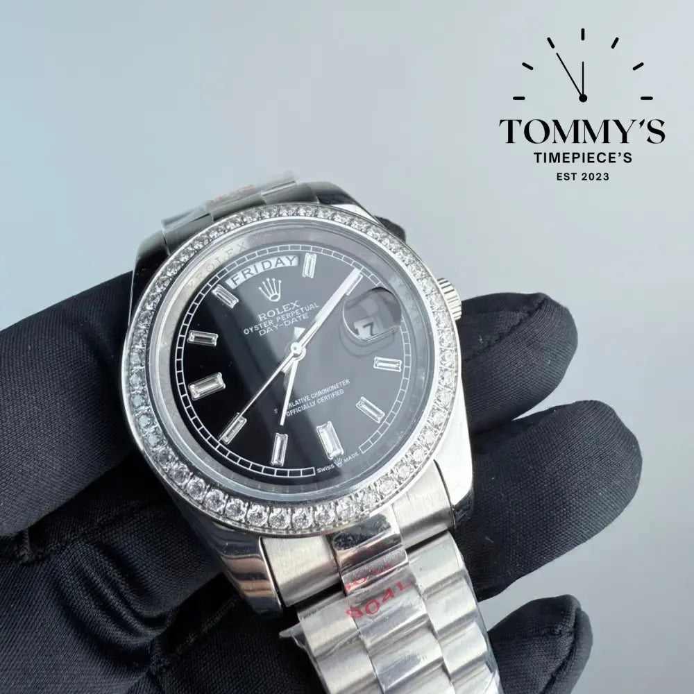AAA+ Day Date (228349RBR) 40mm Black Dial-Presidential Bracelet (Diamond Bezel)