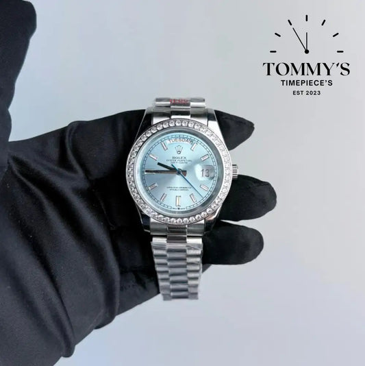 AAA+ Day Date (228396TBR) 40mm Ice Blue Dial-Presidential Bracelet (Diamond Bezel)