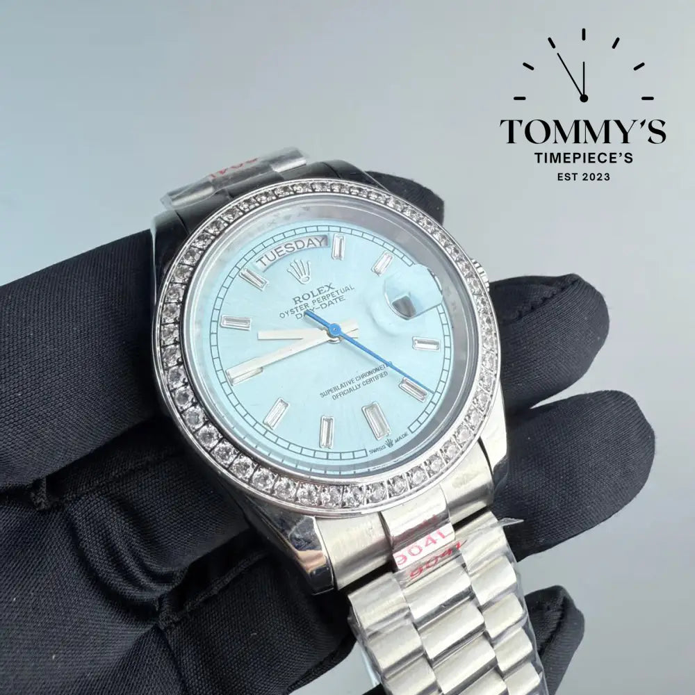 AAA+ Day Date (228396TBR) 40mm Ice Blue Dial-Presidential Bracelet (Diamond Bezel)
