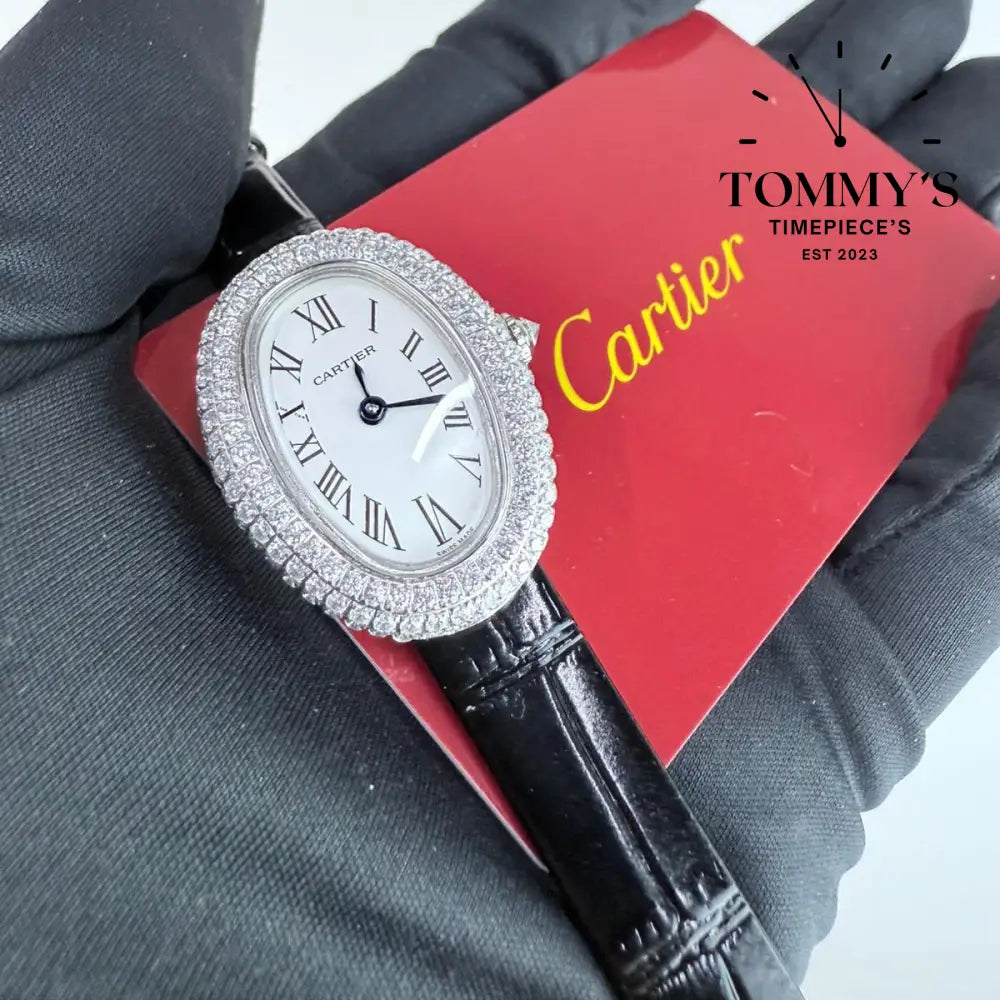 AAA+ Ladies Baignoire,23.9mm White Dial-Leather Strap (Brilliant-Cut Diamonds Bezel)