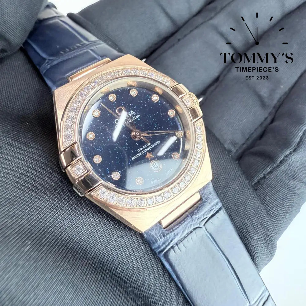 AAA+ Ladies Constellation Co-Axial Master Chronometer 29mm Blue Aventurine Stone Dial-Leather Strap (Diamond Gold Bezel)