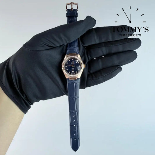 AAA+ Ladies Constellation Co-Axial Master Chronometer 29mm Blue Aventurine Stone Dial-Leather Strap (Diamond Gold Bezel)