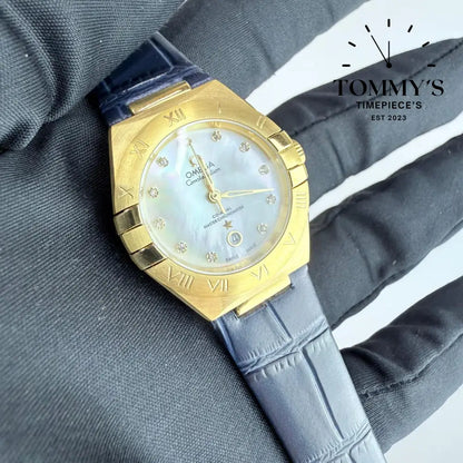 AAA+ Ladies Constellation Co-Axial Master Chronometer 29mm Crystal White Silvery Dial-Leather Strap (Gold Bezel)
