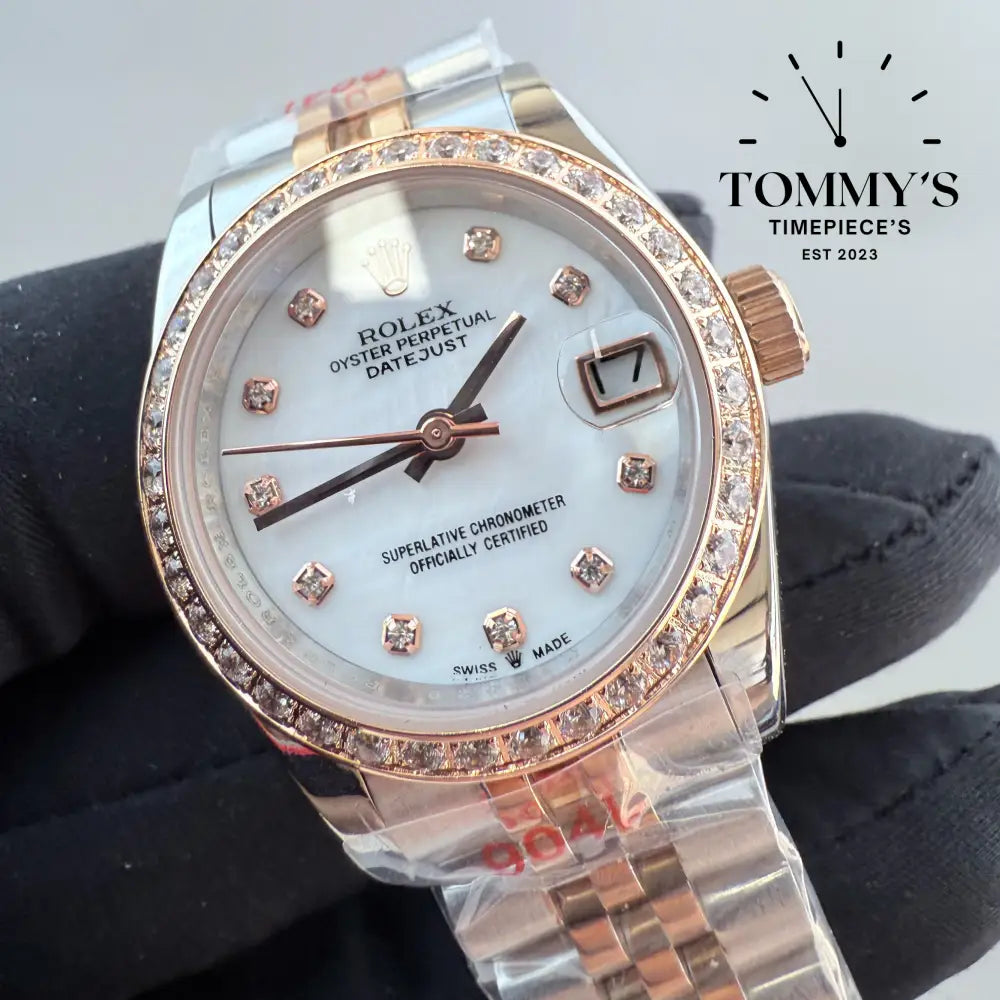 AAA + Ladies Datejust 28mm White Dial (Bimetal Rose Gold) On Jubilee With Diamond Bezel